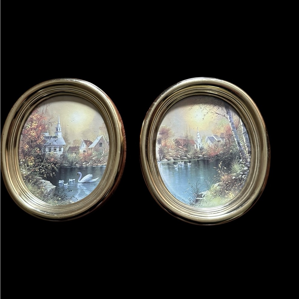 Vintage Homco Set of 2 Home Interior Gold Oval Frame, Swan Church Village - Picture 1 of 4